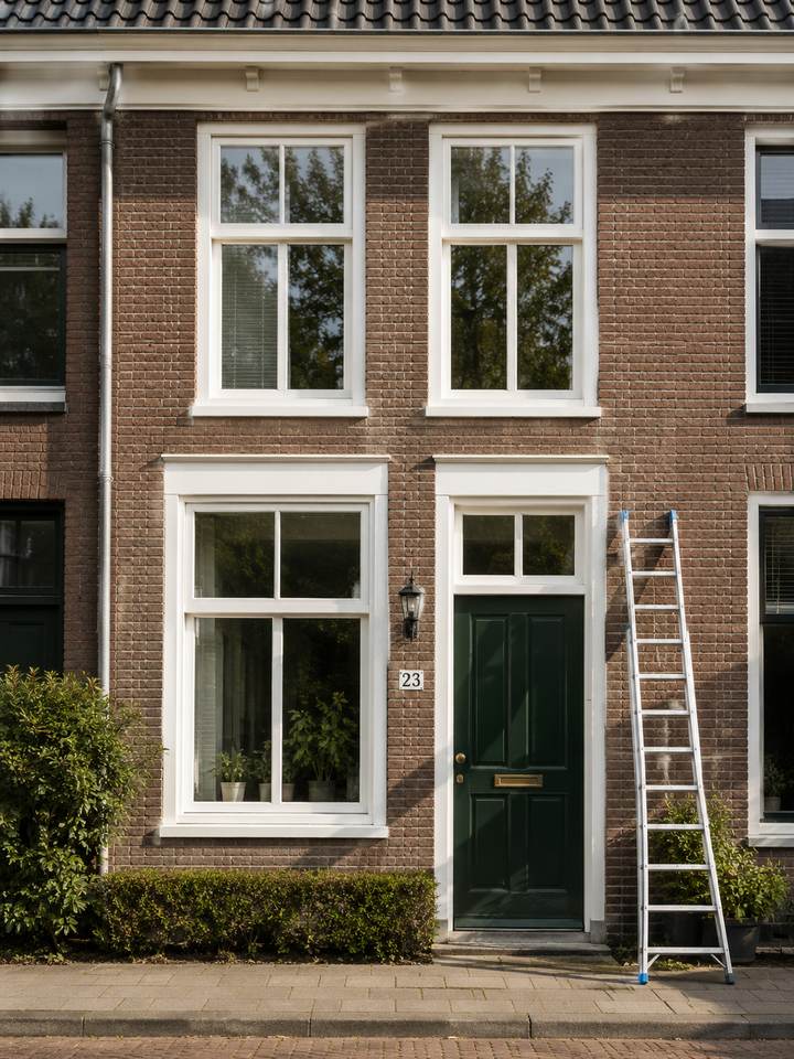 Nederlandse gevel met wit geschilderde kozijnen en donkergroene voordeur